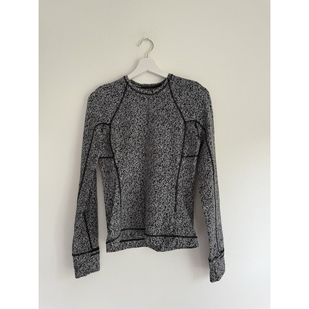✿ Lululemon Black White Herringbone Print Long Sleeve Top Size 4 Women’s Run Sw